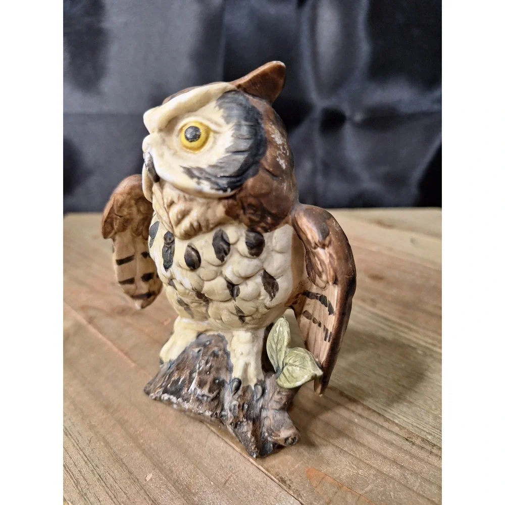 Vintage Ceramic Owl Figurine Hand Painted Great Horned Owl Bird Decor 4.5 Inch